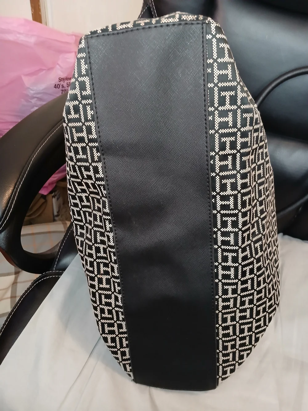 Tommy Hilfiger Black & Grey Patterned Tote Bag with Front Zip Pocket
